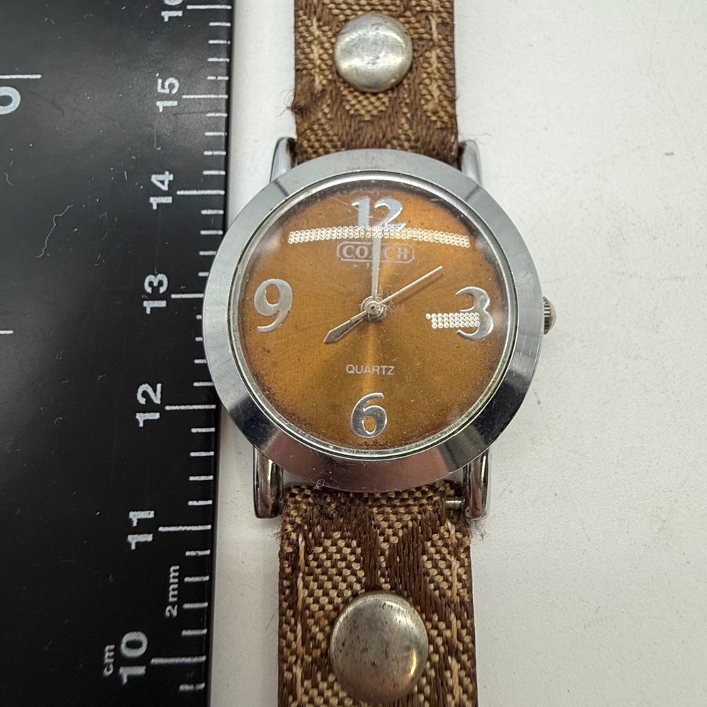 Coach R-1628 Watch Signature C Monogram Canvas Strap Brown Silver Tone WORKS